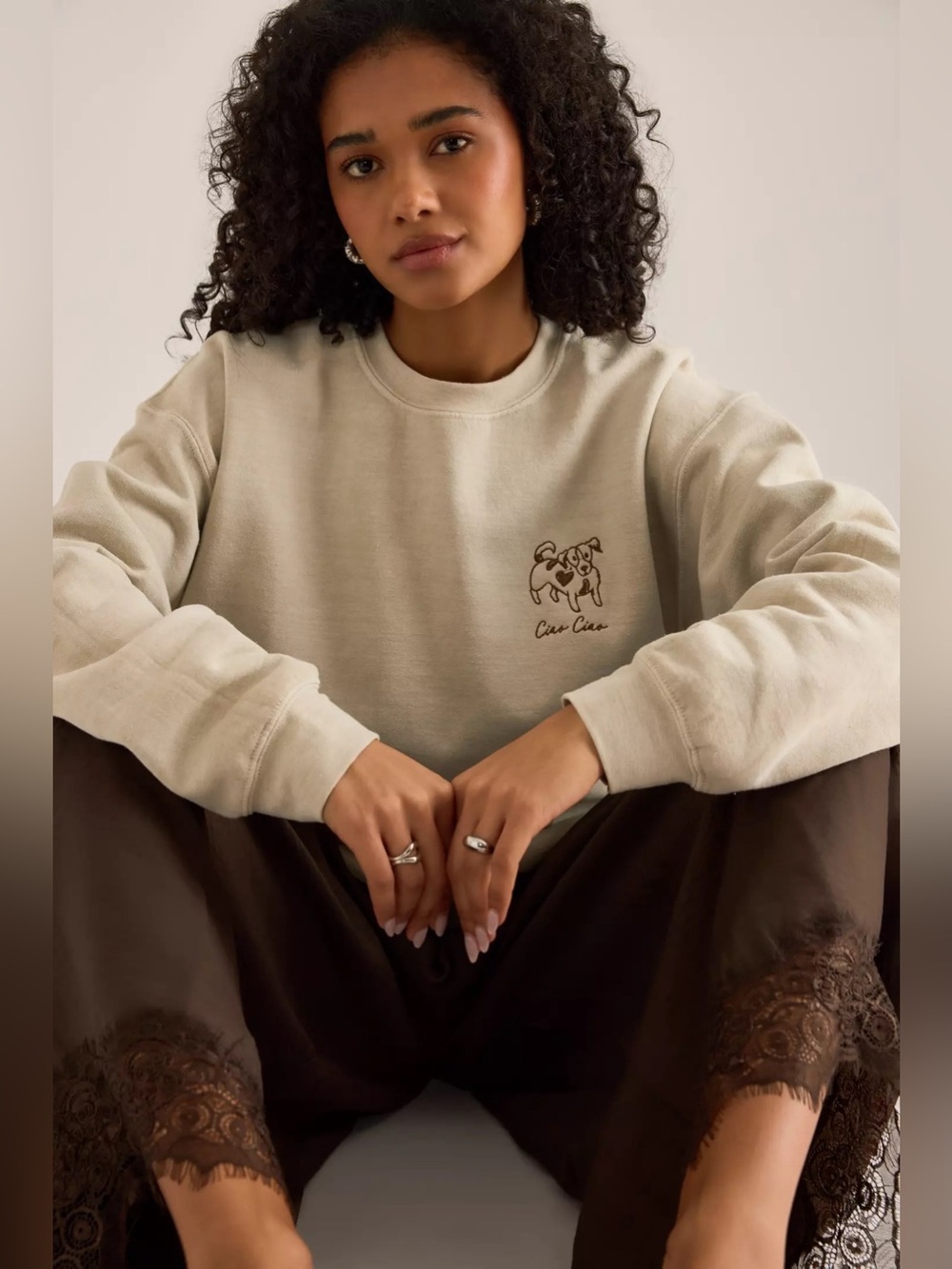 NWT Anthropologie Embroidered Dog Sweatshirt, Oatmeal, Size M